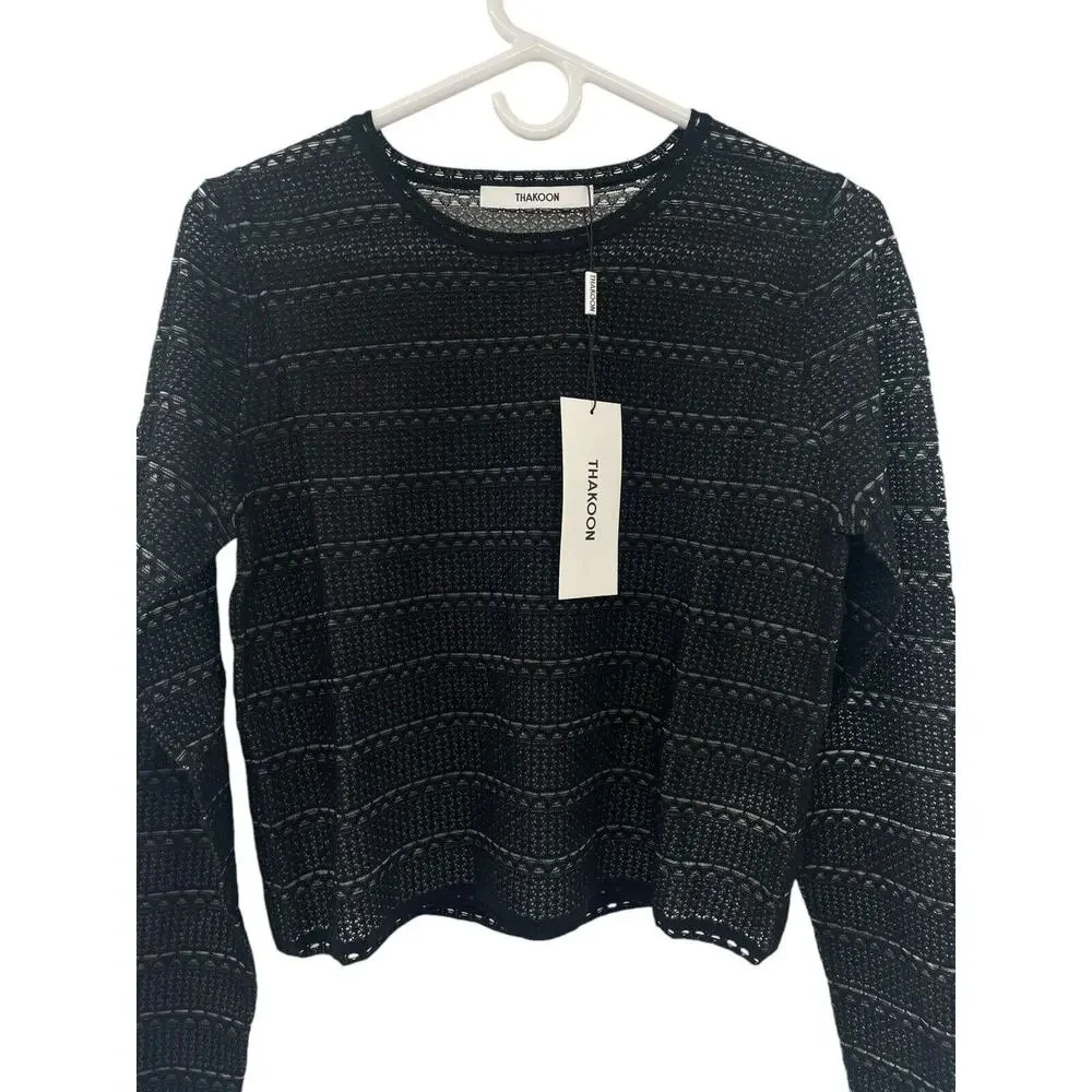 Thakoon Womens Black Lace Jacquard Mini Crewneck Sweater Long Sleeve Size M NWT